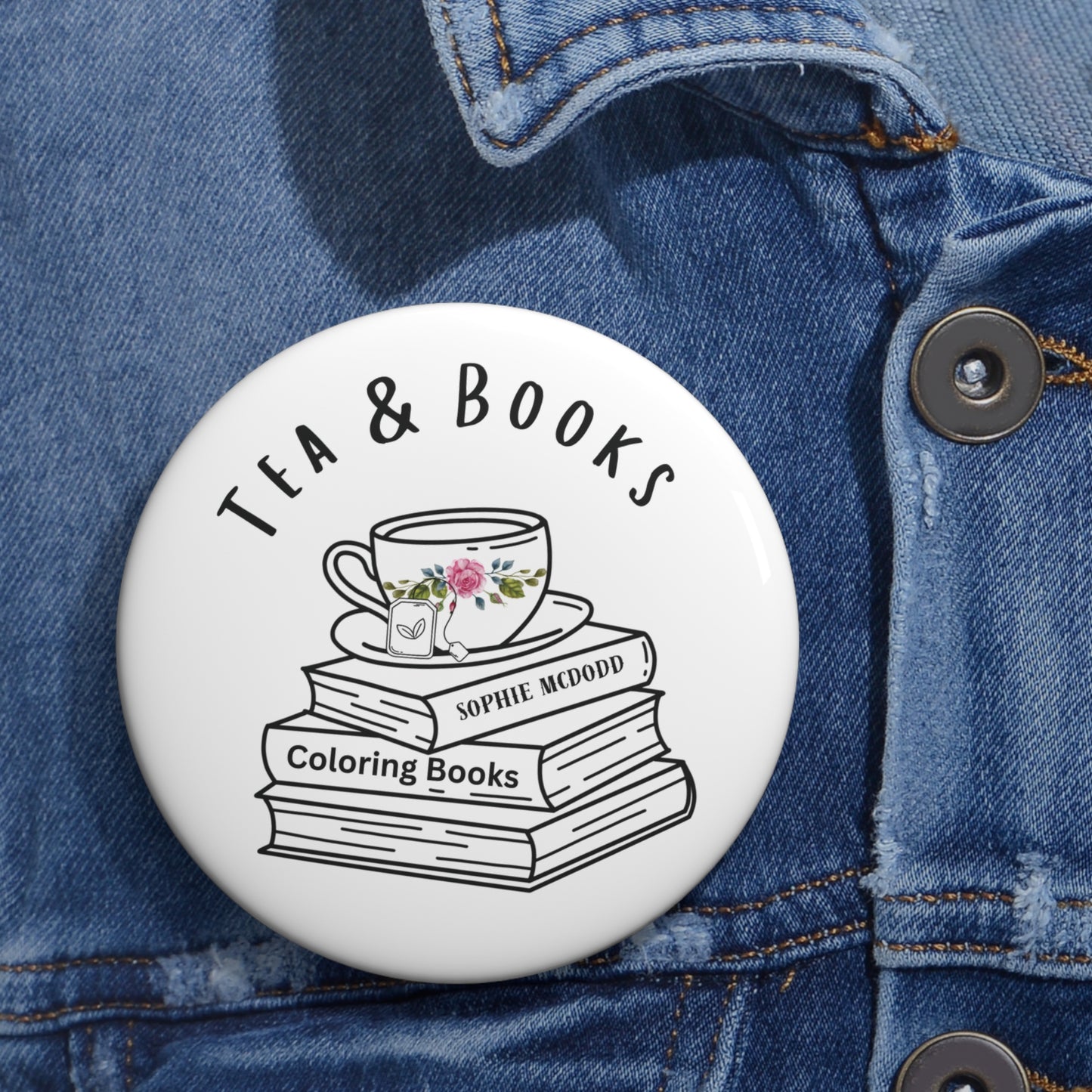 Button Pins - "Tea & Books" Custom Design