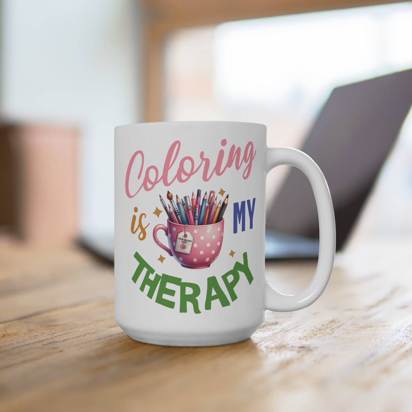 White “Coloring Is My Therapy” 15oz Mug