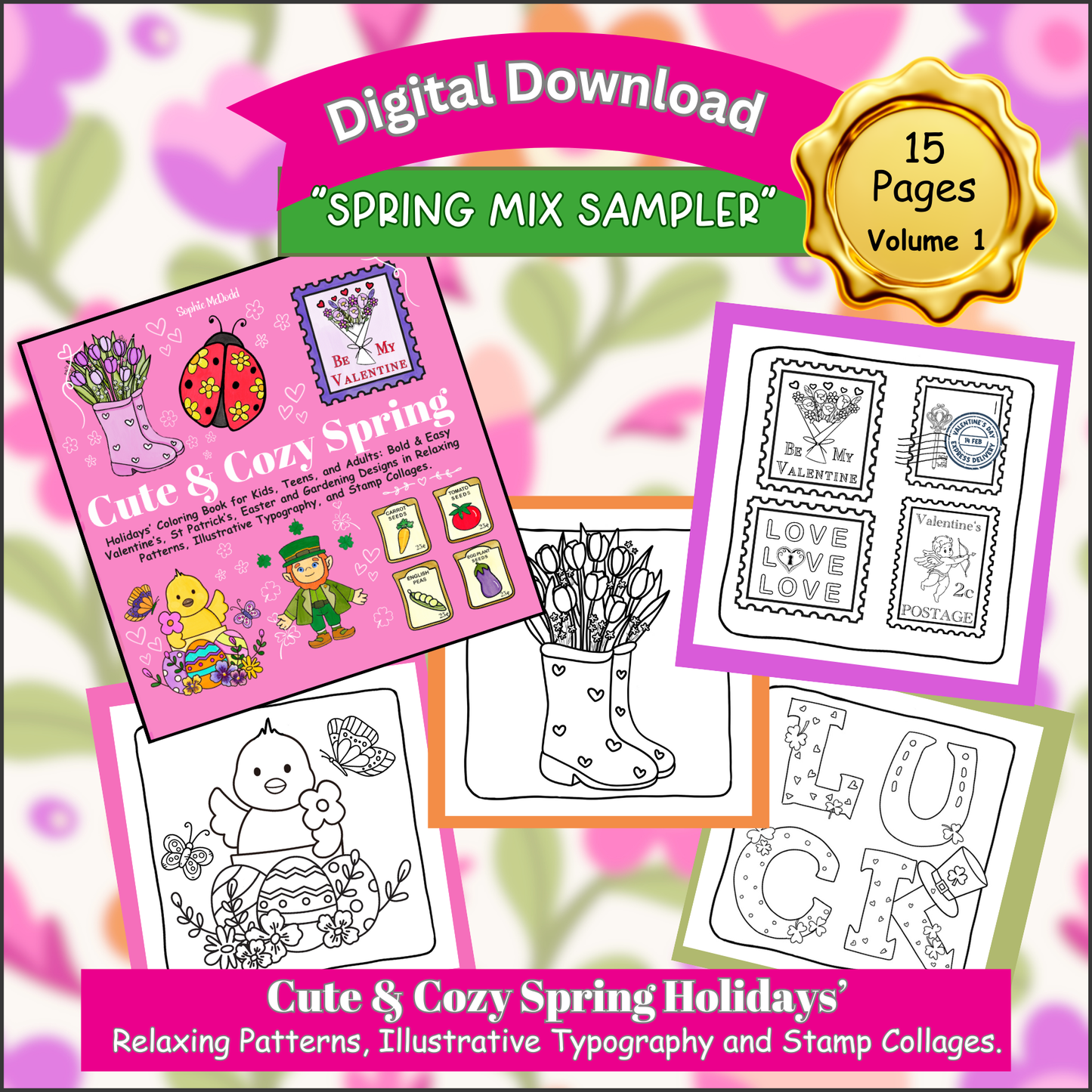 Spring Mix Sampler from "Cute & Cozy Spring Holidays'" Printable Coloring Pages (15 pages)