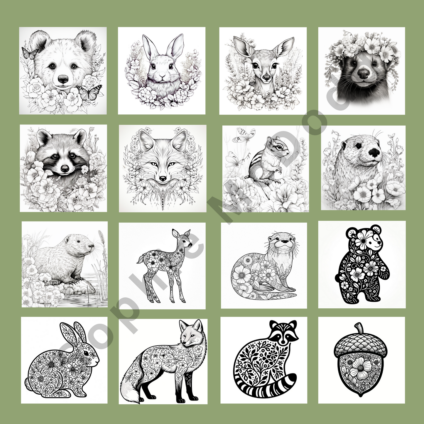 This 16 page digital downloadable sampler of 9 Charming Forest Animals: Ferret, Rabbit, Raccoon, Bear Cub, Fox, Beaver, Fawn, Squirrel, and Otter intertwined with beautiful flowers, will delight any nature lover. Great for any skill level of colorists, from beginner to experienced.