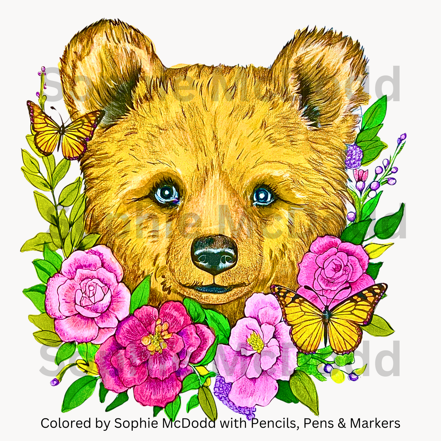 Adorable bear cub surrounded by beautiful floral botanicals and butterflies, colored by Author and Artist, Sophie McDodd, from her coloring book "Animals & Flowers: Nature's Cutest Forest Critters." Mediums used, coloring pencils, gel pens and markers.