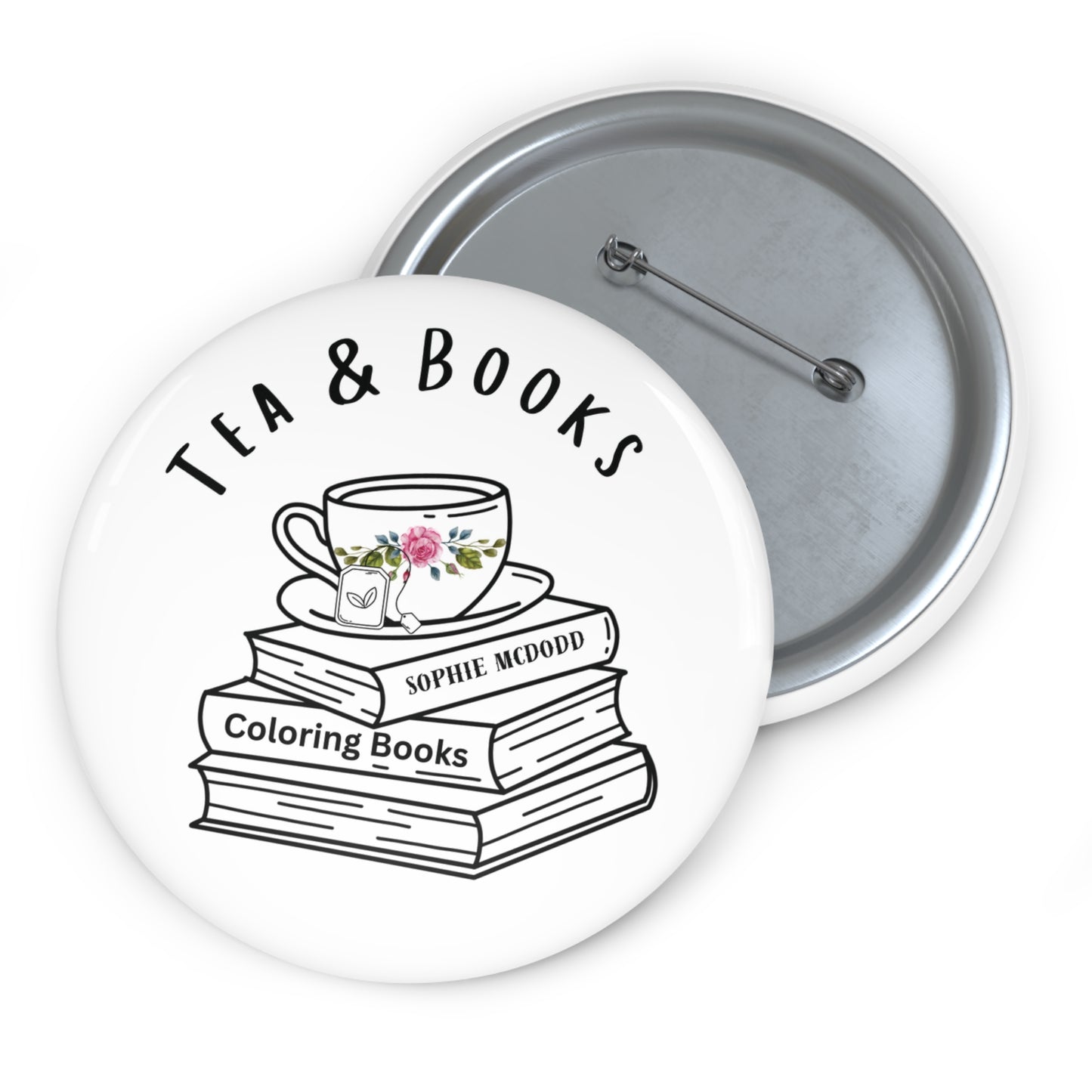 Button Pins - "Tea & Books" Custom Design