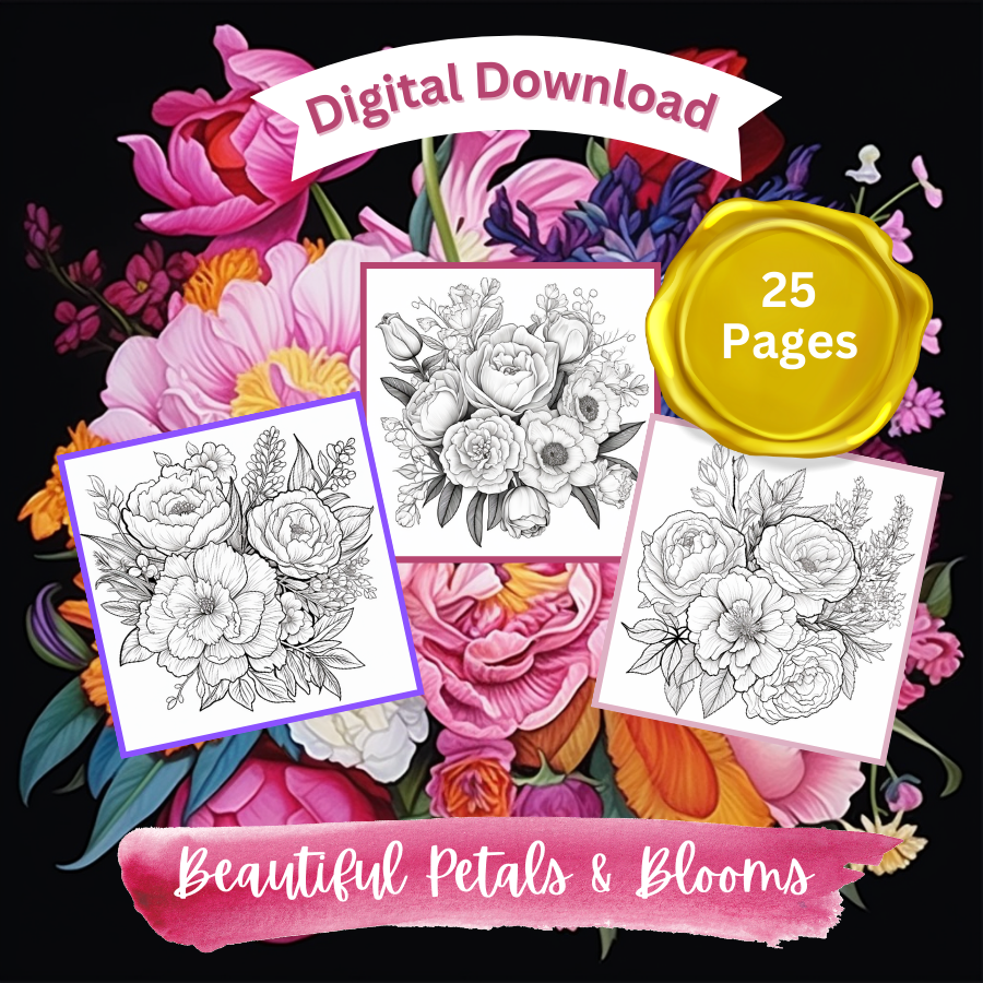 Digital Downloadable sample of 25 individual images from "Beautiful Petals and Blooms Adult Coloring Book: A Mindful Coloring Retreat," by Sophie McDodd.