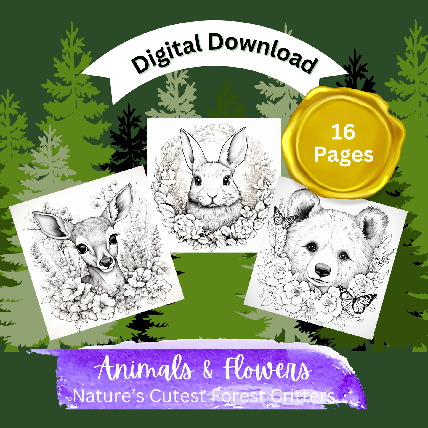 Immerse yourself in the tranquil beauty of Flowers with 9 Charming Forest Animals: Ferret, Rabbit, Raccoon, Bear Cub, Fox, Beaver, Fawn, Squirrel, and Otter. These cute critters will steal your heart away and is perfect for any nature lover.
