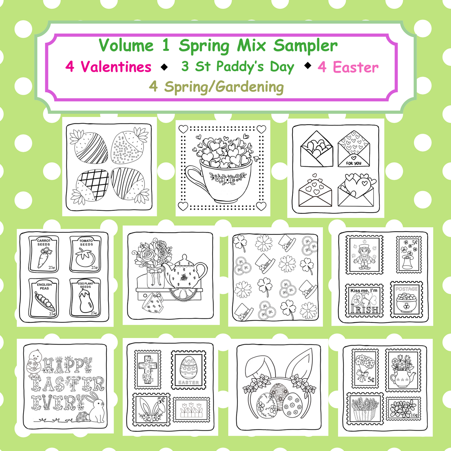 Spring Mix Sampler from "Cute & Cozy Spring Holidays'" Printable Coloring Pages (15 pages)