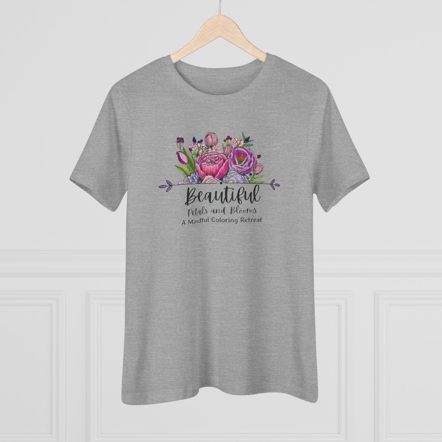 “Beautiful Petals & Blooms: Mindful Coloring Retreat” Women’s Cotton Tee — a unique hand-colored image for those seeking “Serenity in Bloom”.