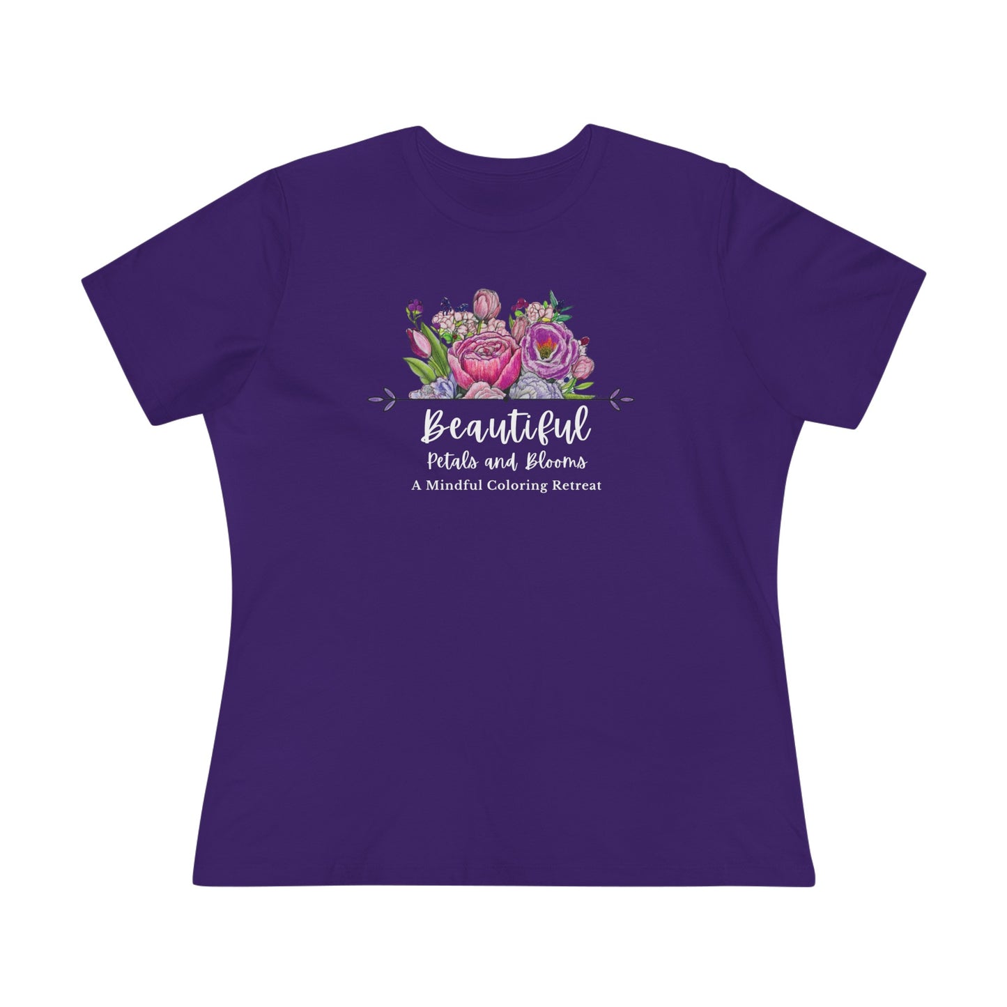 “Beautiful Petals & Blooms: Mindful Coloring Retreat” Women’s Cotton Tee — a unique hand-colored image for those seeking “Serenity in Bloom”.