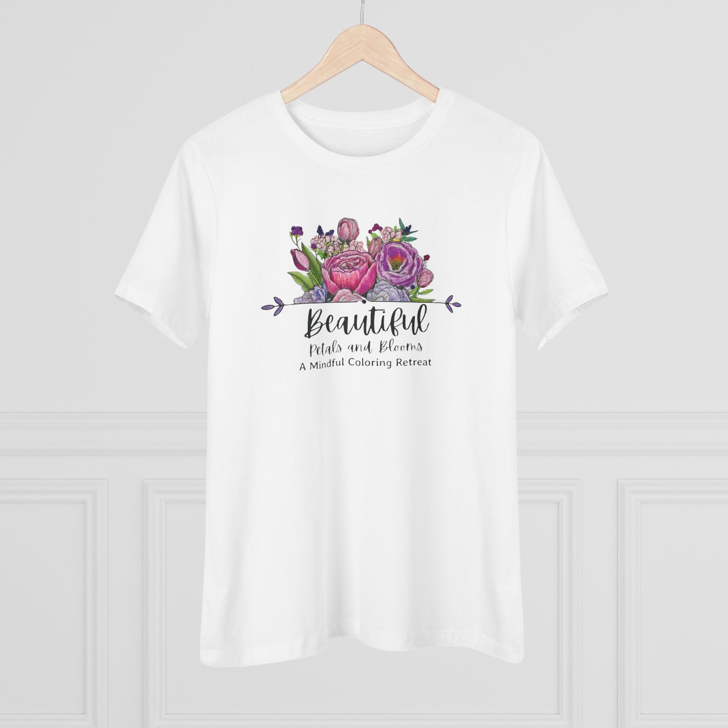 “Beautiful Petals & Blooms: Mindful Coloring Retreat” Women’s Cotton Tee — a unique hand-colored image for those seeking “Serenity in Bloom”.