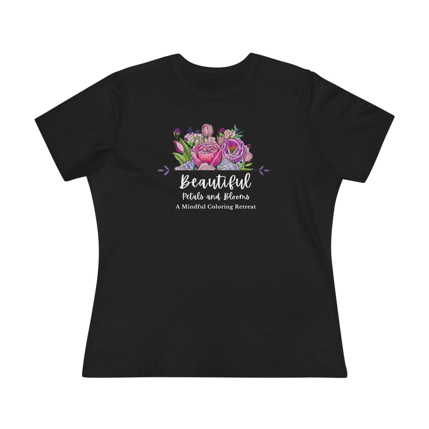 “Beautiful Petals & Blooms: Mindful Coloring Retreat” Women’s Cotton Tee — a unique hand-colored image for those seeking “Serenity in Bloom”.