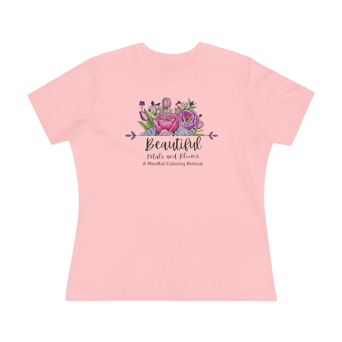 “Beautiful Petals & Blooms: Mindful Coloring Retreat” Women’s Cotton Tee — a unique hand-colored image for those seeking “Serenity in Bloom”.