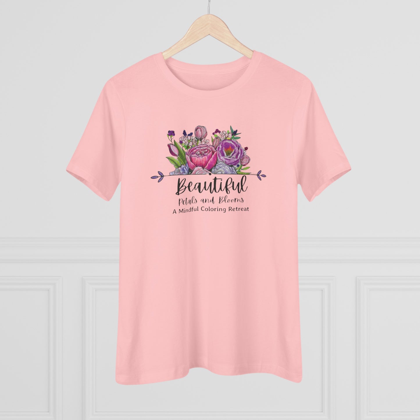 “Beautiful Petals & Blooms: Mindful Coloring Retreat” Women’s Cotton Tee — a unique hand-colored image for those seeking “Serenity in Bloom”.