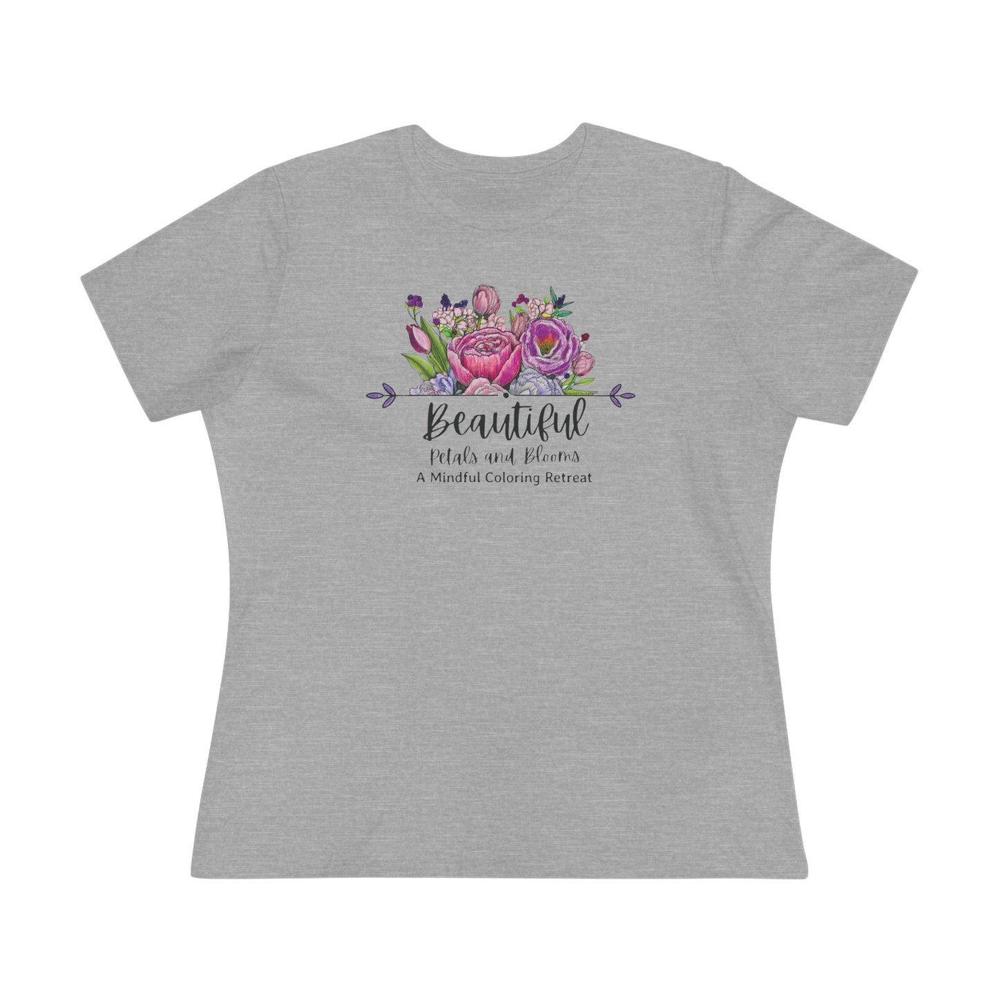 “Beautiful Petals & Blooms: Mindful Coloring Retreat” Women’s Cotton Tee — a unique hand-colored image for those seeking “Serenity in Bloom”.