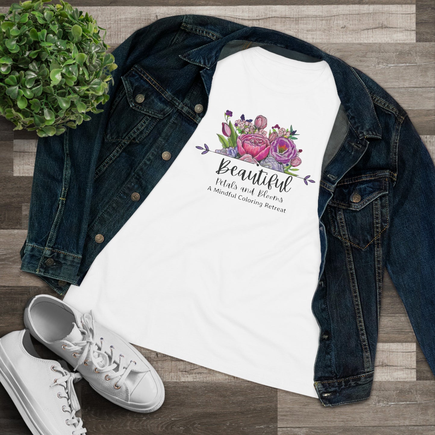 “Beautiful Petals & Blooms: Mindful Coloring Retreat” Women’s Cotton Tee — a unique hand-colored image for those seeking “Serenity in Bloom”.