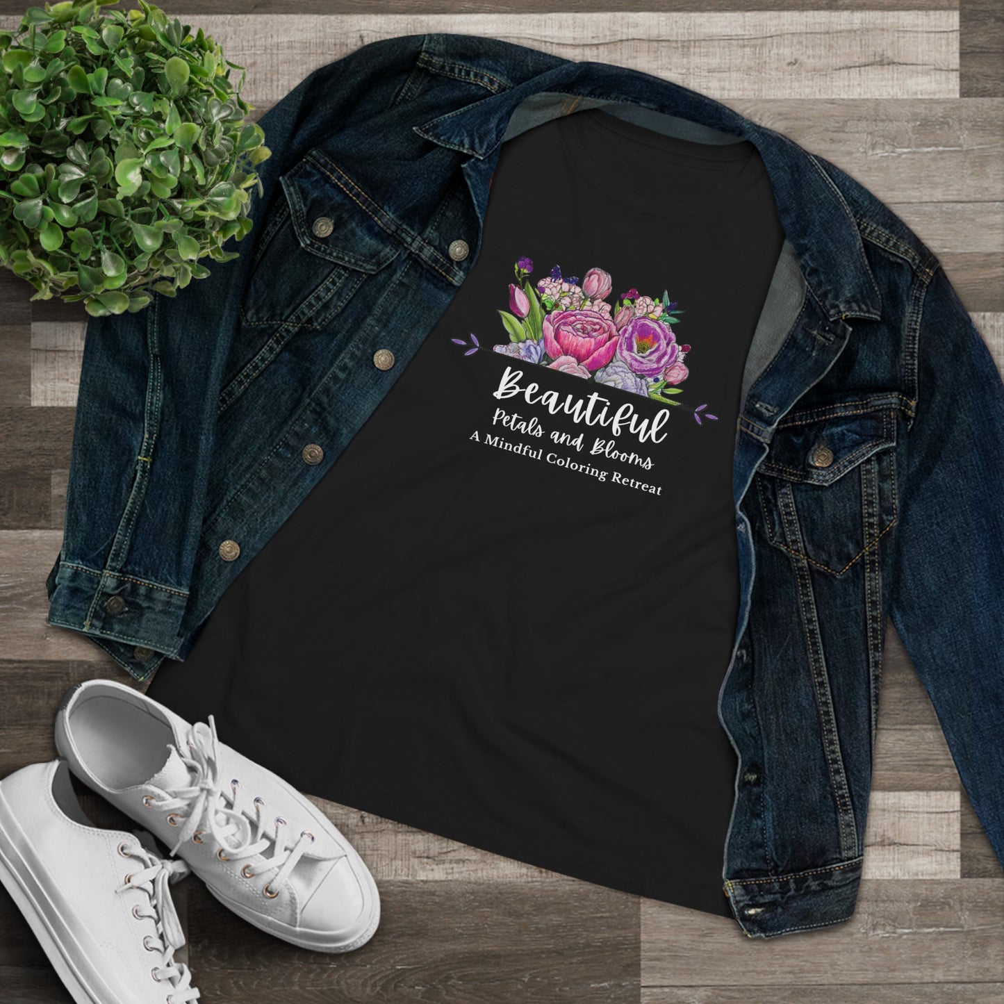 “Beautiful Petals & Blooms: Mindful Coloring Retreat” Women’s Cotton Tee — a unique hand-colored image for those seeking “Serenity in Bloom”.