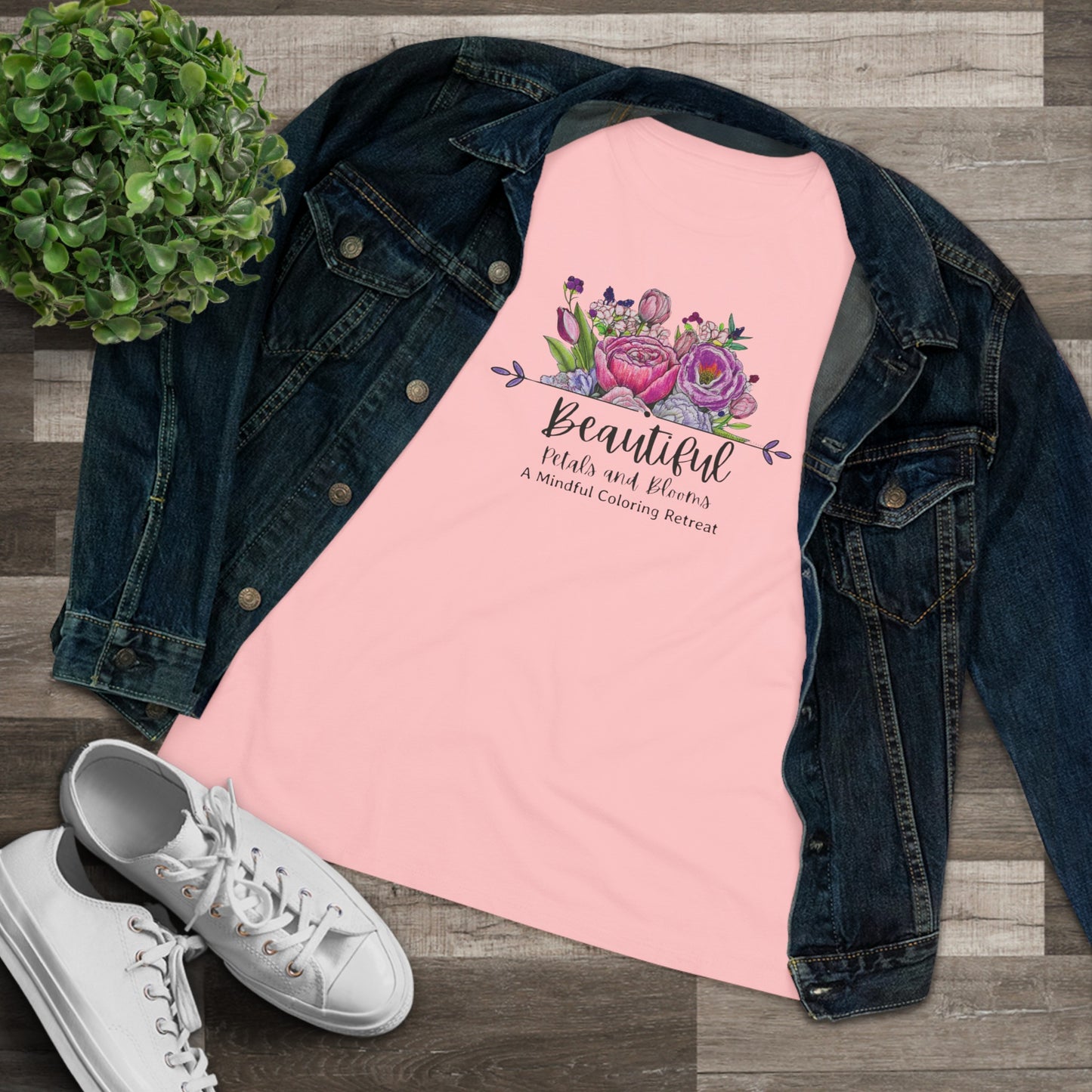 “Beautiful Petals & Blooms: Mindful Coloring Retreat” Women’s Cotton Tee — a unique hand-colored image for those seeking “Serenity in Bloom”.