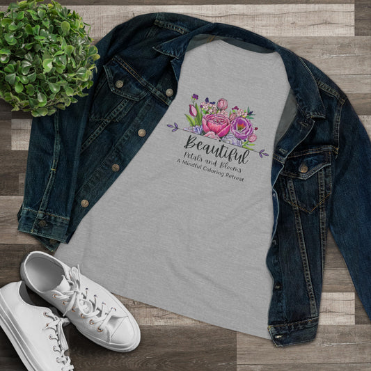 “Beautiful Petals & Blooms: Mindful Coloring Retreat” Women’s Cotton Tee — a unique hand-colored image for those seeking “Serenity in Bloom”.