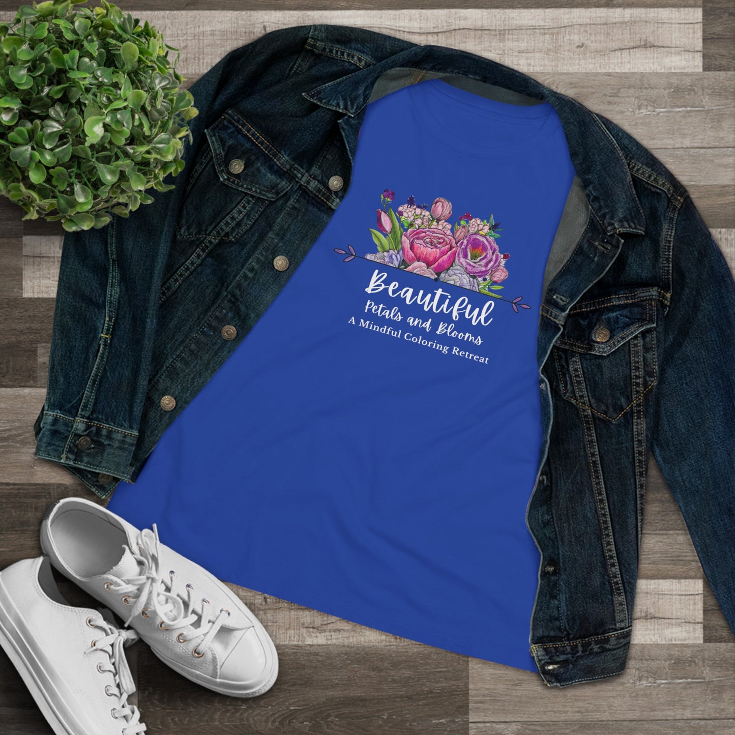 “Beautiful Petals & Blooms: Mindful Coloring Retreat” Women’s Cotton Tee — a unique hand-colored image for those seeking “Serenity in Bloom”.