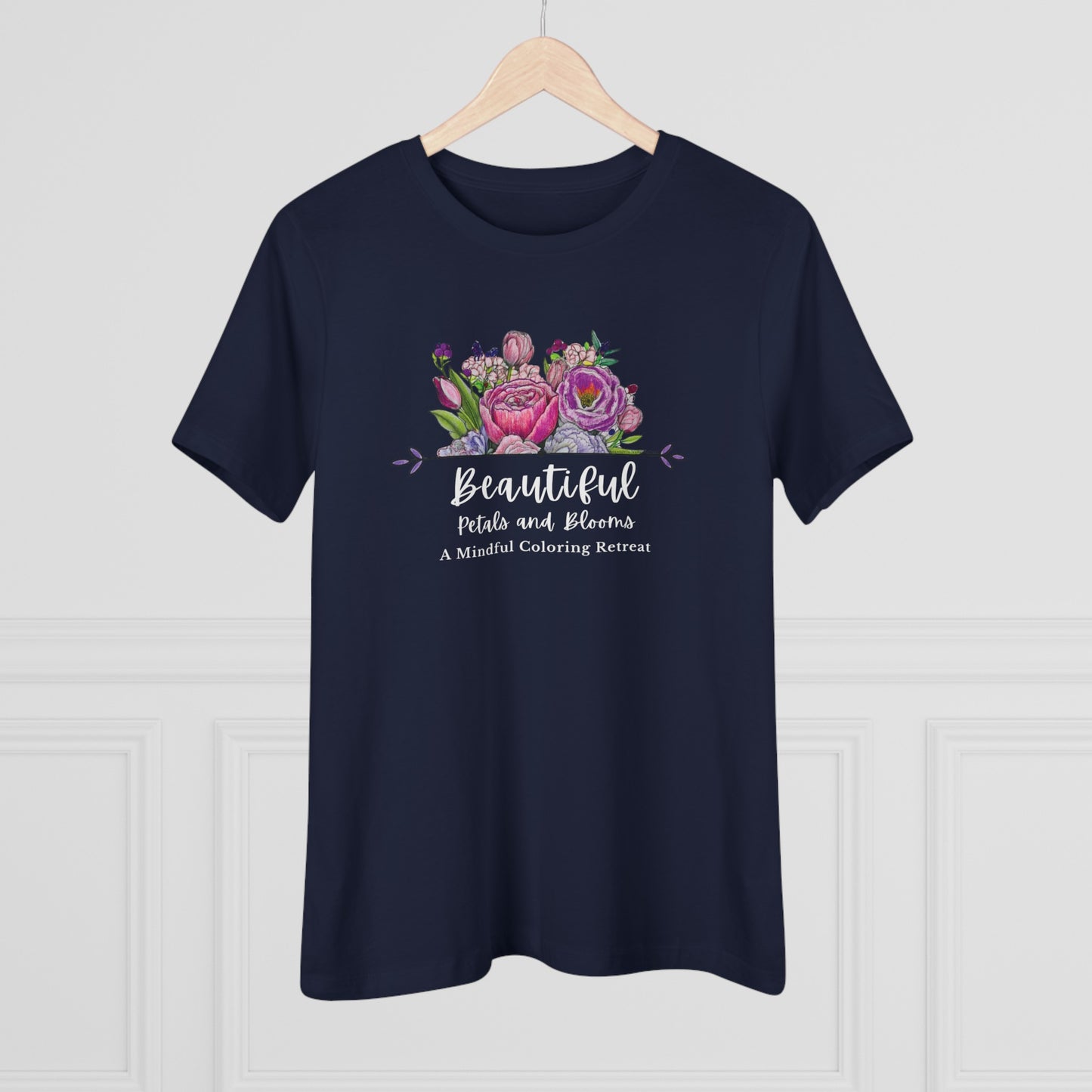 “Beautiful Petals & Blooms: Mindful Coloring Retreat” Women’s Cotton Tee — a unique hand-colored image for those seeking “Serenity in Bloom”.