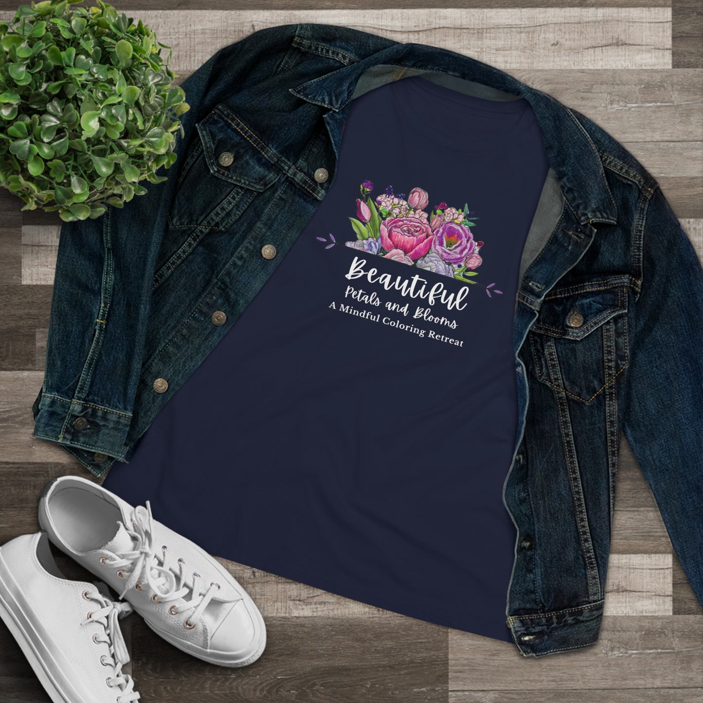 “Beautiful Petals & Blooms: Mindful Coloring Retreat” Women’s Cotton Tee — a unique hand-colored image for those seeking “Serenity in Bloom”.