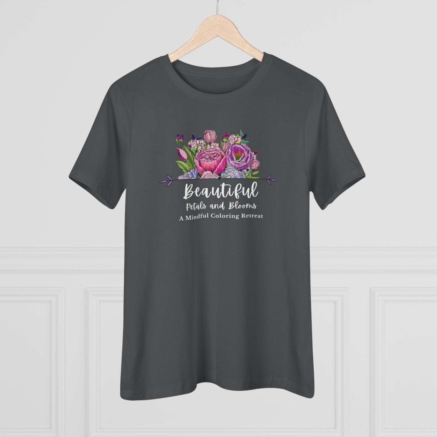 “Beautiful Petals & Blooms: Mindful Coloring Retreat” Women’s Cotton Tee — a unique hand-colored image for those seeking “Serenity in Bloom”.