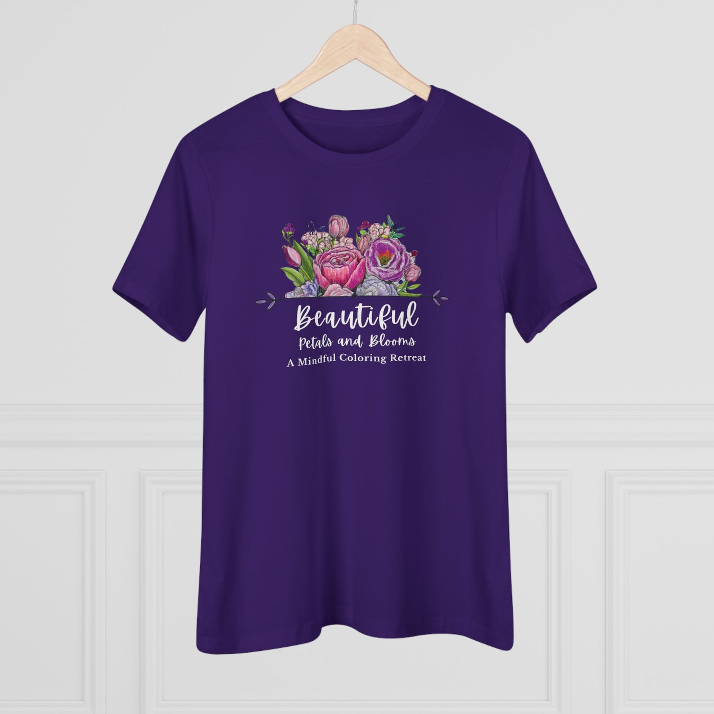 “Beautiful Petals & Blooms: Mindful Coloring Retreat” Women’s Cotton Tee — a unique hand-colored image for those seeking “Serenity in Bloom”.