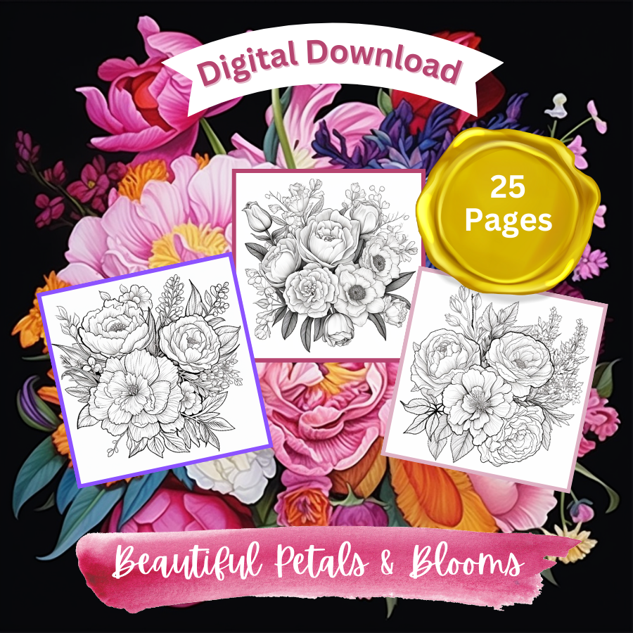 Digital Downloadable sample of 25 individual images from "Beautiful Petals and Blooms Adult Coloring Book: A Mindful Coloring  Retreat," by Sophie McDodd.  